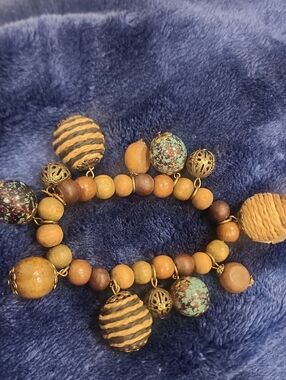 Boho Wood & Turquoise Bead Bracelet - Natural Brown